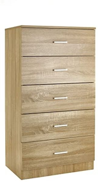 Baroni Home Kommode 5 Schubladen aus Melamin, Schrank für Schlafzimmer oder Wohnzimmer, moderner Schrank aus Eiche 60 x 40 x 110 cm