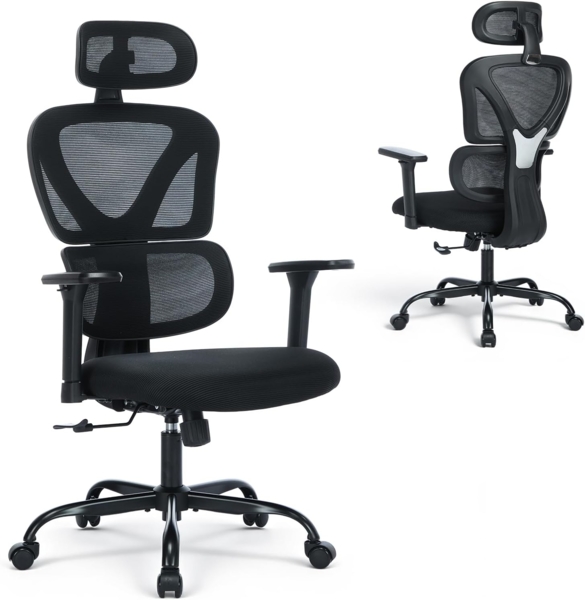 COLAMY Ergonomischer Bürostuhl – Bequemer Schreibtischstuhl mit 9,5 cm Sitzpolster, 3D-Armlehnen, Verstellbarer Kopfstütze, für Büro, Homeoffice & Studium, Schwarz