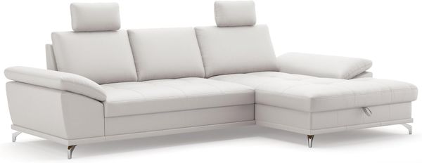Cavadore Ecksofa Castiel mit Federkern / Eckcouch mit XL-Longchair, Bett, Bettkasten, Sitztiefenverstellung, Kopfstützen und mattschwarzen Metallfüßen / 301x89-114x176 / / Echtleder, Weiß