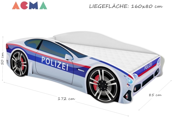 ACMA Kinderbett Auto-Bett Polizei mit Rausfallschutz, Lattenrost und Matratze (Polizei 3, 160x80 cm) Bild 4