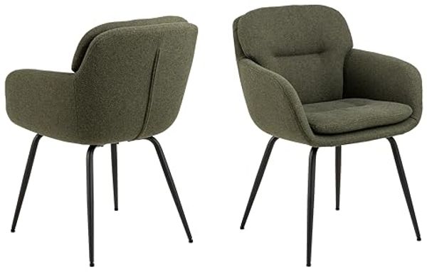 AC Design Furniture Liv Esszimmerstuhl mit Armlehne, Alea Stoff grün 61, Gestell matt schwarz rau pulverbeschichtet Stahl mit quersteppung und Reissverschluss