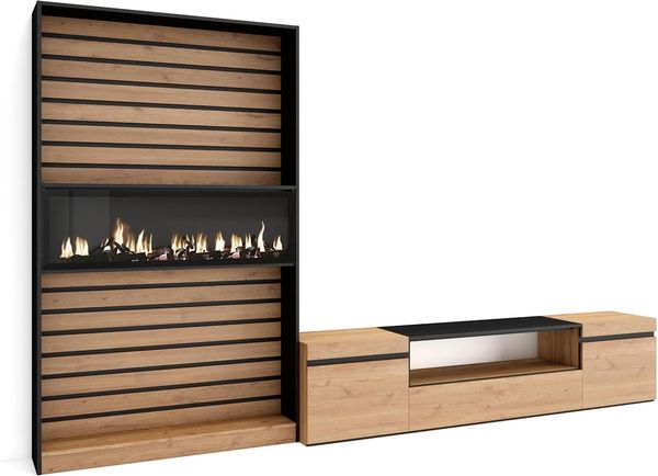 Skraut Home TV-Möbel | Esstisch-Set | 210 x 186 x 35 cm | für Fernseher bis 80 Zoll | elektrischer Kamin | moderner Stil | Eiche und Schwarz