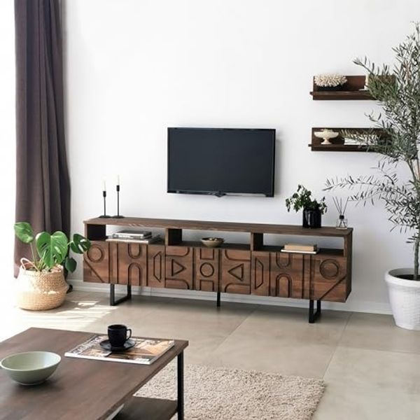 Hanah Home Rustic Walnut TV Unit with Metal Frame, 100% Pine Solid Wood, Antibacterial & Rustproof Legs | 170 x 40 x 30 cm | Stylish & Functional for Modern Living Rooms