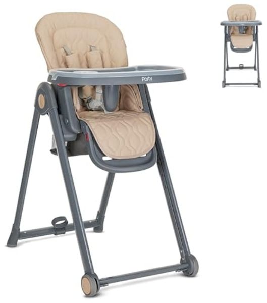 Lorelli Kinderhochstuhl PARTY Rollen Höhe Lehne Fußstütze Tisch sind einstellbar beige grau