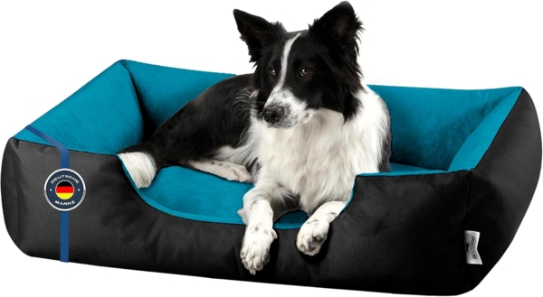 BedDog Hundebett LUPI, Hundesofa aus Cordura, Microfaser-Velours, waschbares Hundebett mit Rand, Hundekissen vier-eckig (L) ca. 80x65x18cm, BLUE-SKY (schwarz/blau)