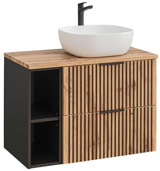 Waschtisch mit Regal und Aufsatzwaschbecken XANTEN-56 in anthrazit mit Eiche Nb. schwarz gerillt, B/H/T: ca. 80,6/74,2/46,5 cm