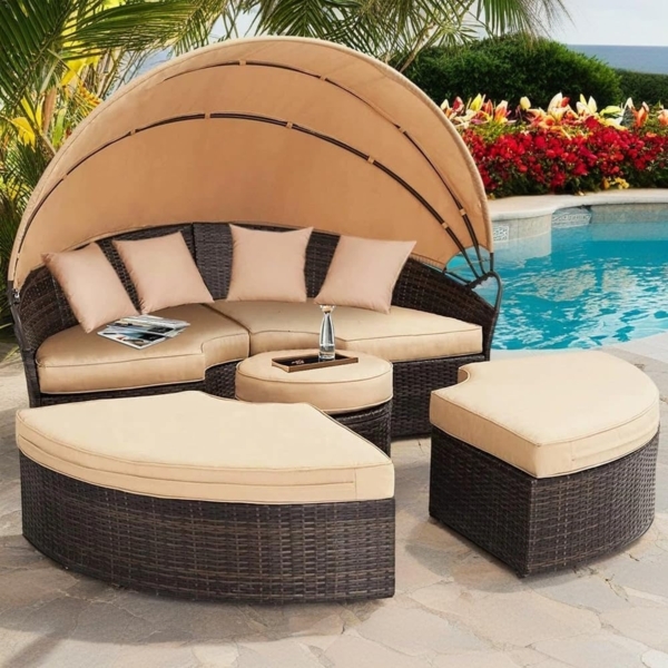 Sonneninsel Sonnenliege Rattan Lounge 180CM Tisch Polyrattan Gartenmuschel