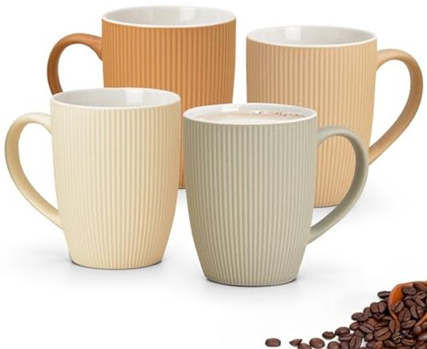 matches21 HOME & HOBBY Tasse Kaffeetassen 4er Set einfarbig gerippt Pastellfarben Rillen, 4-tlg, Keramik, Tee Kaffee-Becher, modern, orange beige creme grün, 300 ml