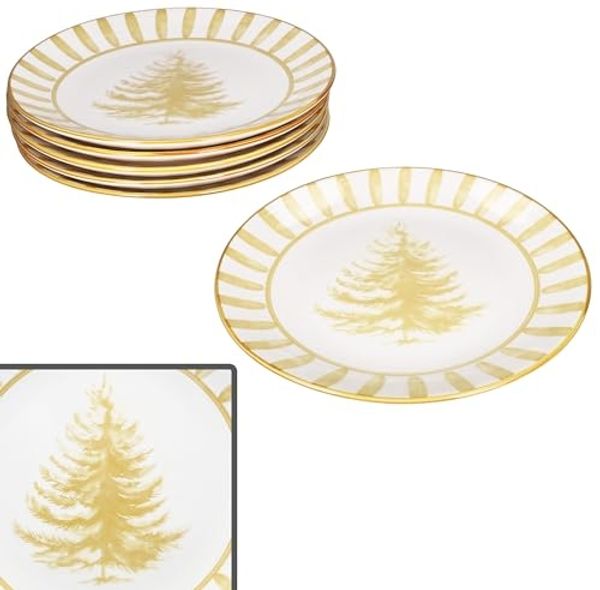 MamboCat Speiseteller 6x Wald ocker Speiseteller Steingut 6 Personen Essteller Streifen, Weihnachtsgeschirr, Weihnachten, Weihnachtsset, Geschirr