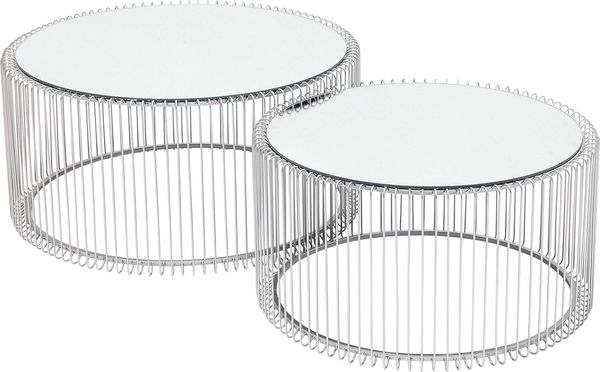 Kare Design Couchtisch Wire Silber, runder, moderner Glastisch, großer Beistelltisch, Kaffeetisch, Nachttisch, Silber (H/B/T) 30,5xØ60cm & 33,5xØ69,5cm