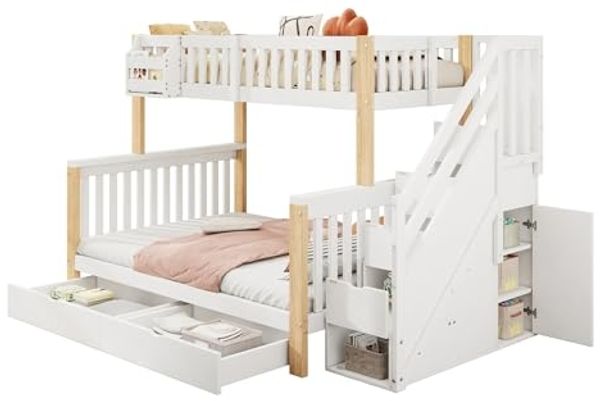Odikalo Kinderbett Etagenbett Doppelbett Ablagekorb Schublade Treppenschrank 90/140*200cm (Kinder-Etagenbett, Doppelbett, multifunktionales Kinderbett mit Ablagekorb, mit Schublade, mit Treppenschrank, mit Ablageschrank, ohne Matratze, weiß + naturfarben)