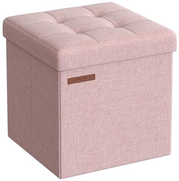 Songmics Sitzhocker mit Stauraum, faltbarer Hocker, Leinenimitat / MDF pastellrosa, 30 x 30 x 30 cm