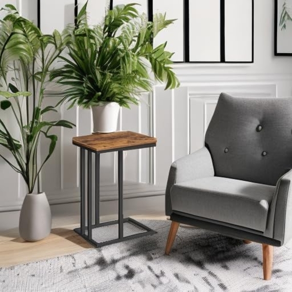 HOOBRO Beistelltisch, Sofatisch, C-Form, kleine Kaffeetisch, 46 x 25 x 63,5 cm, Wohnzimmertisch mit verstellbare Füße, Metallgestell, Industrie-Design, Dunkelbraun EBF02SF01 Bild 6