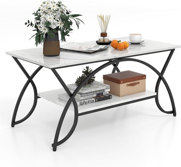FANTASK Wohnzimmertisch, Sofatisch mit Ablage & Metallgestell, Couchtisch Marmor Optik, Beistelltisch, Kaffeetisch für Wohnzimmer, 100 x 50 x 45 cm (Schwarz-weiß)