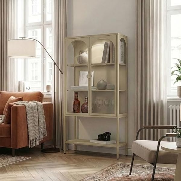 Vitrinenschrank Klippestad Stahl 160x80x35 cm Kamelfarben [en. casa]