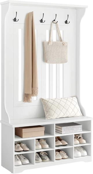 Vasagle Garderobenständer mit Schuhbank, 5 Dreifach-Haken, freistehend, platzsparend, verstellbare Regalebenen, Holzspanplatte, MDF, wolkenweiß, 35 x 100 x 180 cm