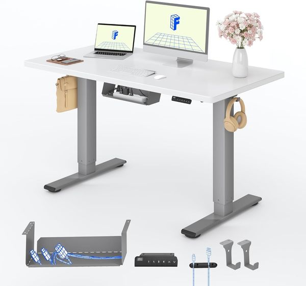 FLEXISPOT Basic Plus Elektrisch Höhenverstellbarer Schreibtisch (120x80 cm) mit Tischplatte 2-Fach-Teleskop, Sitz- & Stehpult mit Memory-Steuerung (weiß+grau Gestell)