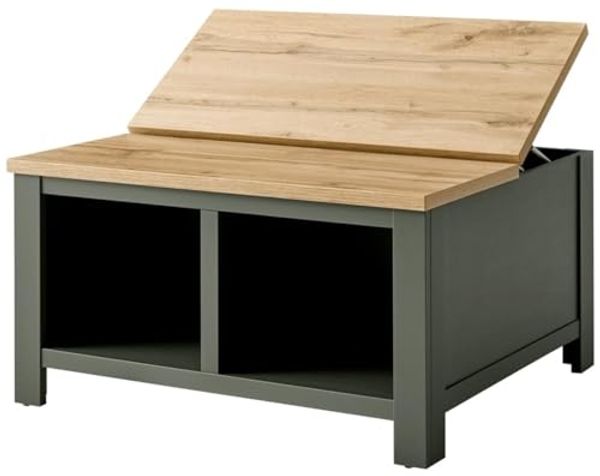 Lomadox Couchtisch CINCINNATI-61, Landhaus mit Klappe in grün mit Wotan Eiche, B/H/T: 93/50/93cm