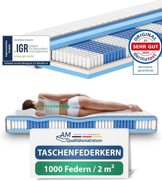 AM Qualitätsmatratzen 1000 Federn 7-Zonen Taschenfederkernmatratze 140x220 cm - 24 cm Premiumhöhe - 1.000 Federn Matratze 140x220 cm - H3