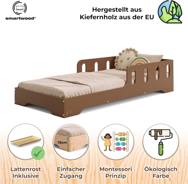 smartwood Kinderbett 120x200 cm in Braun - Montessori Bodenbett mit Rausfallschutz & Lattenrost - Aus handbemaltem Sperrholz - Sicher für Jungen und Mädchen - Einfache Montage - TILA 6 Bild 3