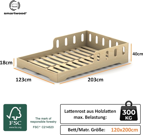smartwood Kinderbett 120x200 cm in Braun - Montessori Bodenbett mit Rausfallschutz & Lattenrost - Aus handbemaltem Sperrholz - Sicher für Jungen und Mädchen - Einfache Montage - TILA 6 Bild 2