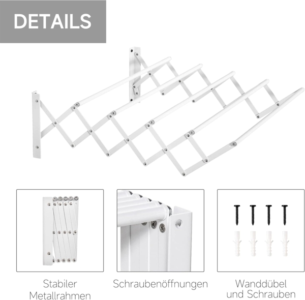 HOMCOM Wäscheständer klappbar platzsparender Wäschereck für kleine Haushalte, Metall Weiß 63,5 x 60 x 20 cm Bild 5