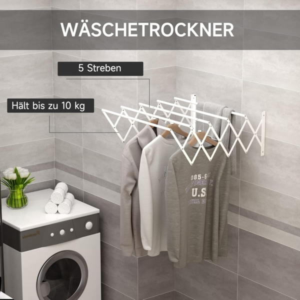 HOMCOM Wäscheständer klappbar platzsparender Wäschereck für kleine Haushalte, Metall Weiß 63,5 x 60 x 20 cm Bild 3