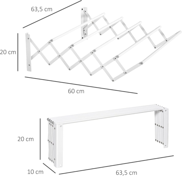 HOMCOM Wäscheständer klappbar platzsparender Wäschereck für kleine Haushalte, Metall Weiß 63,5 x 60 x 20 cm Bild 7