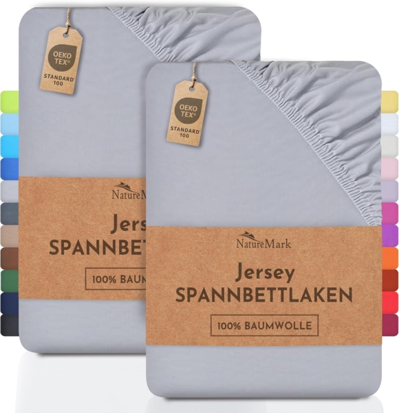 NatureMark 2er Pack Kinder JERSEY Spannbettlaken, Spannbetttuch 100% Baumwolle in vielen Größen und Farben MARKENQUALITÄT ÖKOTEX STANDARD 100 | 70x140 cm - silber grau