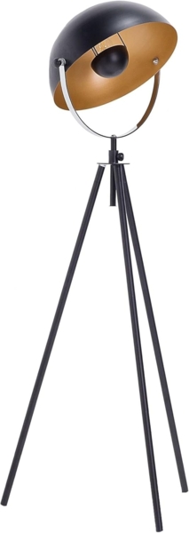 Thames' Stehlampe Schwarz und Gold Metall 170 cm Scheinwerfer-Look verstellbarer Schirm Dreibeinig langes Kabel mit Schalter Industrie Design