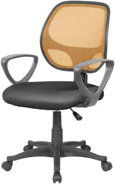 Dmora - Stuhl mit Rädern Geraldton, Mesh-Arbeitsstuhl mit Armlehnen, ergonomischer Bürositz, 56x57h88/100 cm, Schwarz und Orange