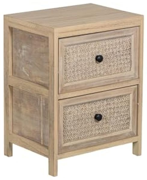 DRW Beistelltisch mit 2 Schubladen, rechteckig, aus Holz mit 2 Schubladen aus Weide, natürliches Finish, 40 x 30 x 52 cm