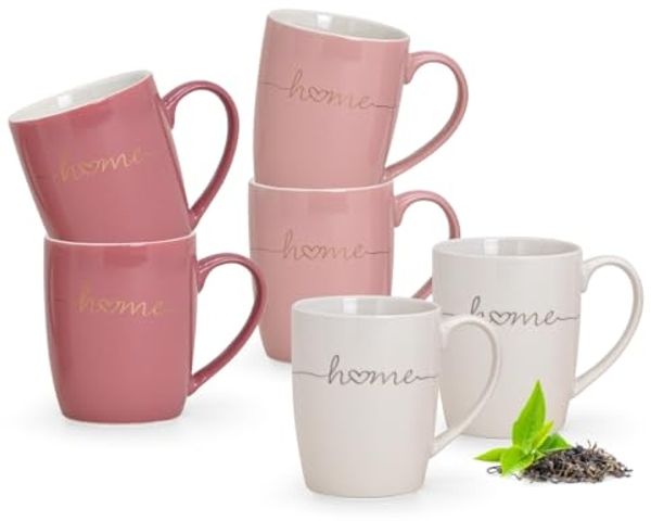matches21 HOME & HOBBY Tasse Schöne Kaffeetassen 6er Set einfarbig Herzen mit Spruch Home, 6-tlg, Porzellan, Tee Kaffee-Becher, klassisch, rosa pink weiss goldfarben, 300 ml