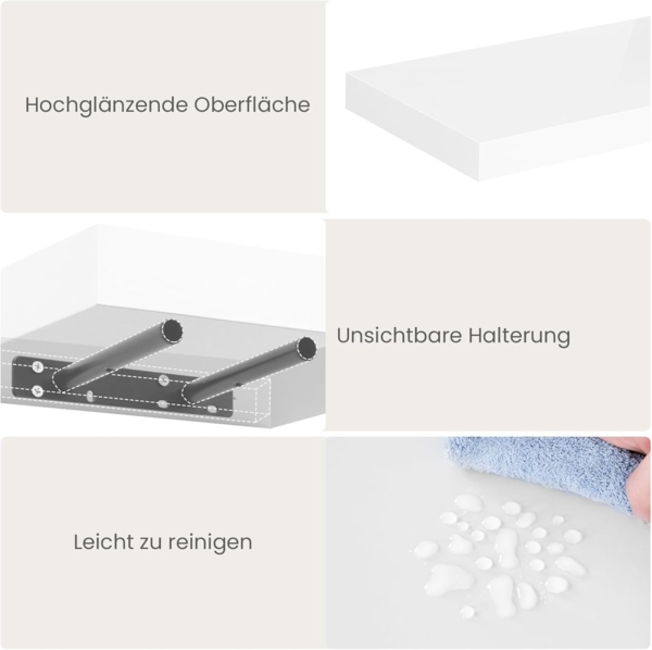 eSituro Wandregal 3er Set, Regal Wand weiß Hochglanz, Hängeregal, Schweberegal, Regalbrett Bücherregal zum Aufhängen, Wandboard für Wohnzimmer Küche Arbeitszimmer Badezimmer, 50 x 22.9 x 3.8 cm Bild 6