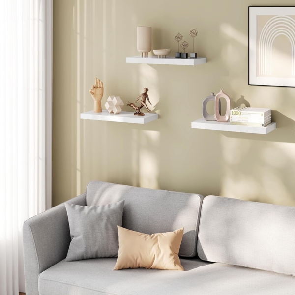 eSituro Wandregal 3er Set, Regal Wand weiß Hochglanz, Hängeregal, Schweberegal, Regalbrett Bücherregal zum Aufhängen, Wandboard für Wohnzimmer Küche Arbeitszimmer Badezimmer, 50 x 22.9 x 3.8 cm Bild 8