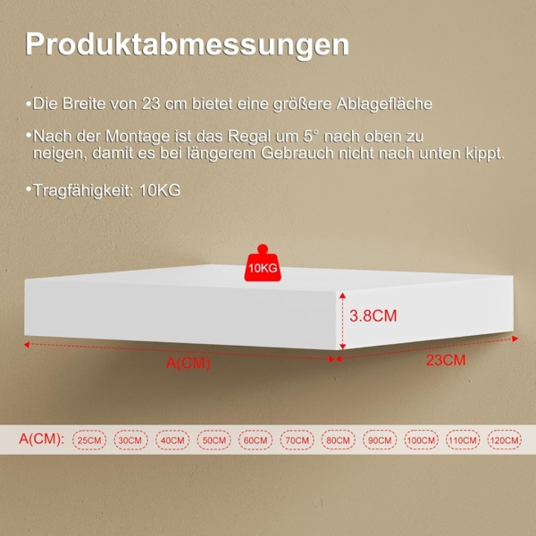 eSituro Wandregal 3er Set, Regal Wand weiß Hochglanz, Hängeregal, Schweberegal, Regalbrett Bücherregal zum Aufhängen, Wandboard für Wohnzimmer Küche Arbeitszimmer Badezimmer, 50 x 22.9 x 3.8 cm Bild 3