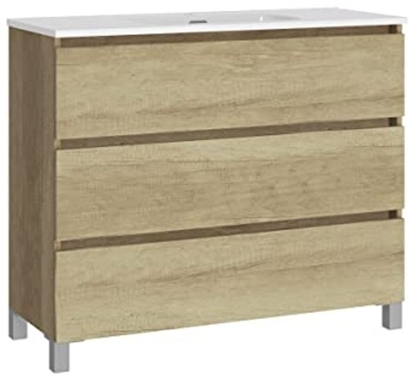 Baikal Badmöbel-Set LESI bestehend aus Möbel mit Füßen und Keramikwaschbecken, DREI Schubladen, Melamin 16 mm, montiertes Möbelstück, Tiefe 39 cm, 100 cm Nature