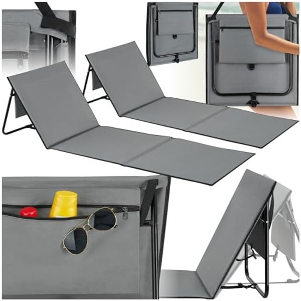 tectake Gartenliege gepolsterte Strandmatte, mit Tragegurt, inkl. Aufbewahrungstasche, Balkonliege Mina, 2 St, für Außen in Grau/Blau, klappbar, pulverbeschichtetes Stahlgestell, ultraleicht, pflegeleicht