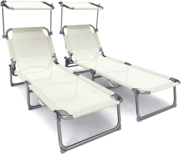 VOUNOT 2er Set Sonnenliege Klappbar, Gartenliege Strandliege mit Sonnenschutz und Verstellbarer Rückenlehne, Liegestuhl für Garten, Pool, Terrasse, Beige