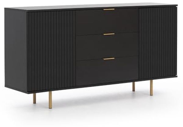 Lomadox Sideboard NADOR-132, 150cm breit, matt schwarz, goldfarbene Metallgriffe und -füße