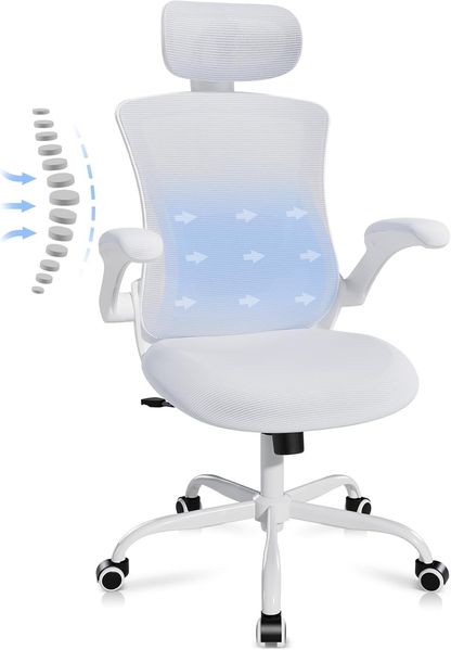 COLAMY Ergonomischer Mesh Bürostuhl mit Verstellbarer Kopfstütze und Lendenstütze, hochklappbare Armlehnen, 140° Wipp- und Rastenfunktion, Höhenverstellbarer Bürodrehstuhl, Weiß
