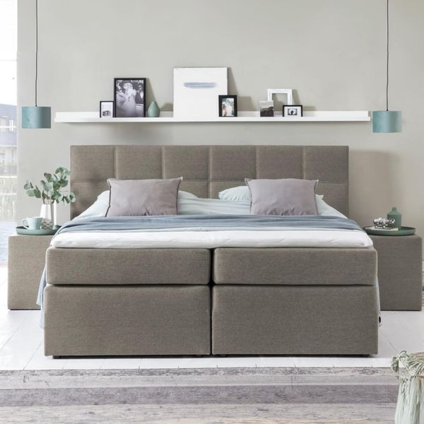 Möbelfreude Doluna Bea Boxspringbett 100x200 cm H2 in Beige/Grau inkl. Visco Topper mit Memoryeffekt + 7 Zonen Taschenfederkern-Matratze + Bonell-Federkernpolsterung