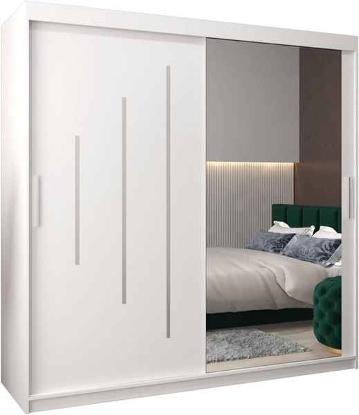 Kryspol Schwebetürenschrank York 2-200 cm mit Spiegel Kleiderschrank mit Kleiderstange und Einlegeboden Schlafzimmer- Wohnzimmerschrank Schiebetüren Modern Design (Weiß)
