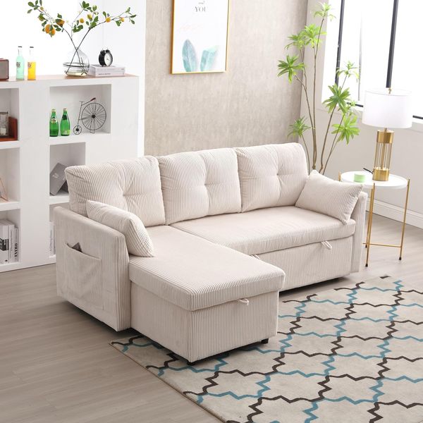 Ball & Cast L-förmiges Eckcouch mit Schlaffunktion, Schlafsofa mit austauschbarer Chaiselongue und Stauraum, 206 x 66 x 108 (BxHxT), Beige