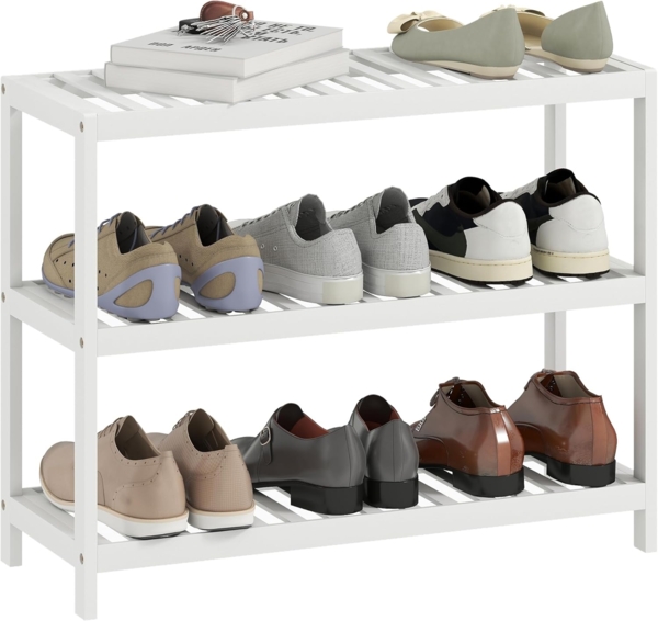 HOMCOM Schuhregal mit 3 Ebenen, Schuhablage aus Bambus, Schuhständer für 9 Paar Schuhe, Schuhaufbewahrung 1-tlg, für Flur, Eingang, Weiß