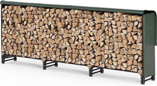 VOUNOT Kaminholzregal Aussen Metall, Brennholzregal Außen, Feuerholzregal Outdoor mit wasserdichte Abdeckung, 300 x 116 x 36 cm, Schwarz