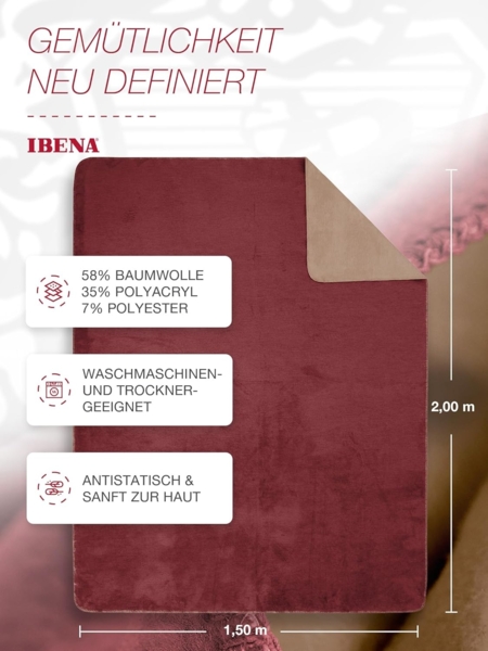 Ibena 'Dublin' Wohndecke, Jacquard bordeaux / hellbraun, 150 x 200 cm Bild 3