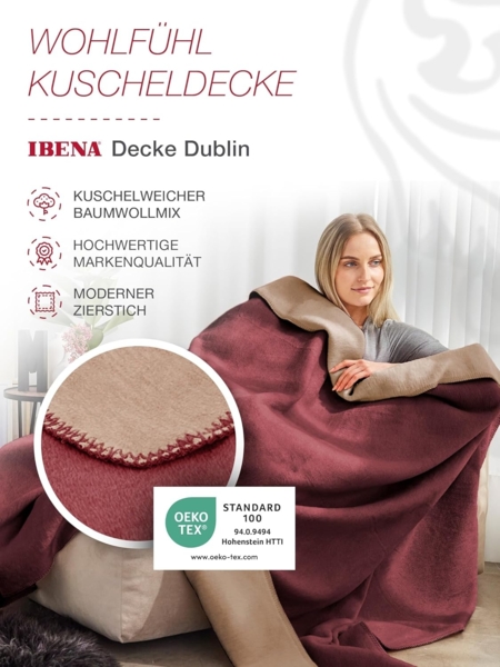 Ibena 'Dublin' Wohndecke, Jacquard bordeaux / hellbraun, 150 x 200 cm Bild 2