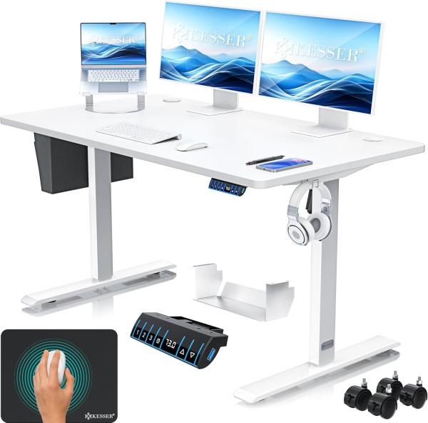 KESSER® Höhenverstellbarer Schreibtisch elektrisch | Ergonomisch Steh-Sitz Schreibtisch | 3-Funktions-Memory Steuerung | Inkl. 360° Rollen & USB-Ladeanschluss | Computertisch für Homeoffice Weiß, 140x70 cm