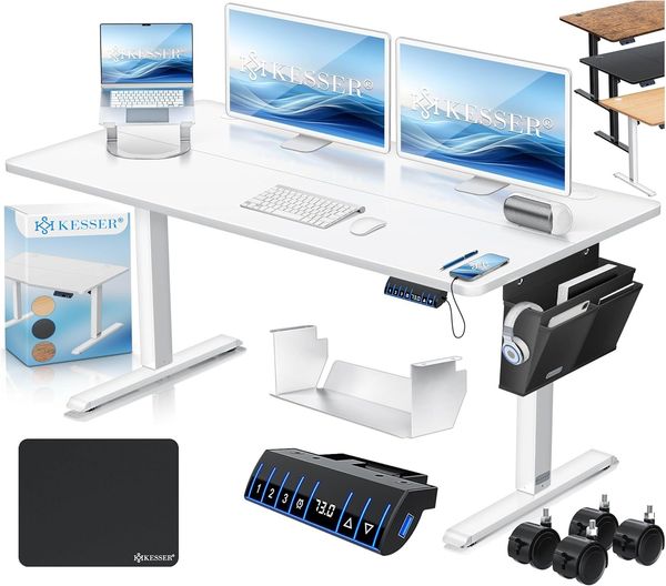 KESSER® Höhenverstellbarer Schreibtisch elektrisch | Ergonomisch Steh-Sitz Schreibtisch | 3-Funktions-Memory Steuerung | Inkl. 360° Rollen & USB-Ladeanschluss | Computertisch für Homeoffice Weiß, 140 x 70 cm